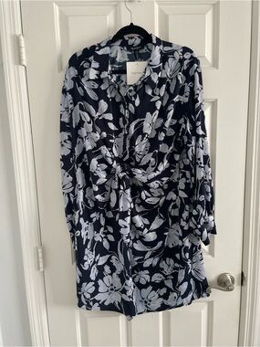 Ellen Tracy Navy and muted blue Floral Tie-Front Dress